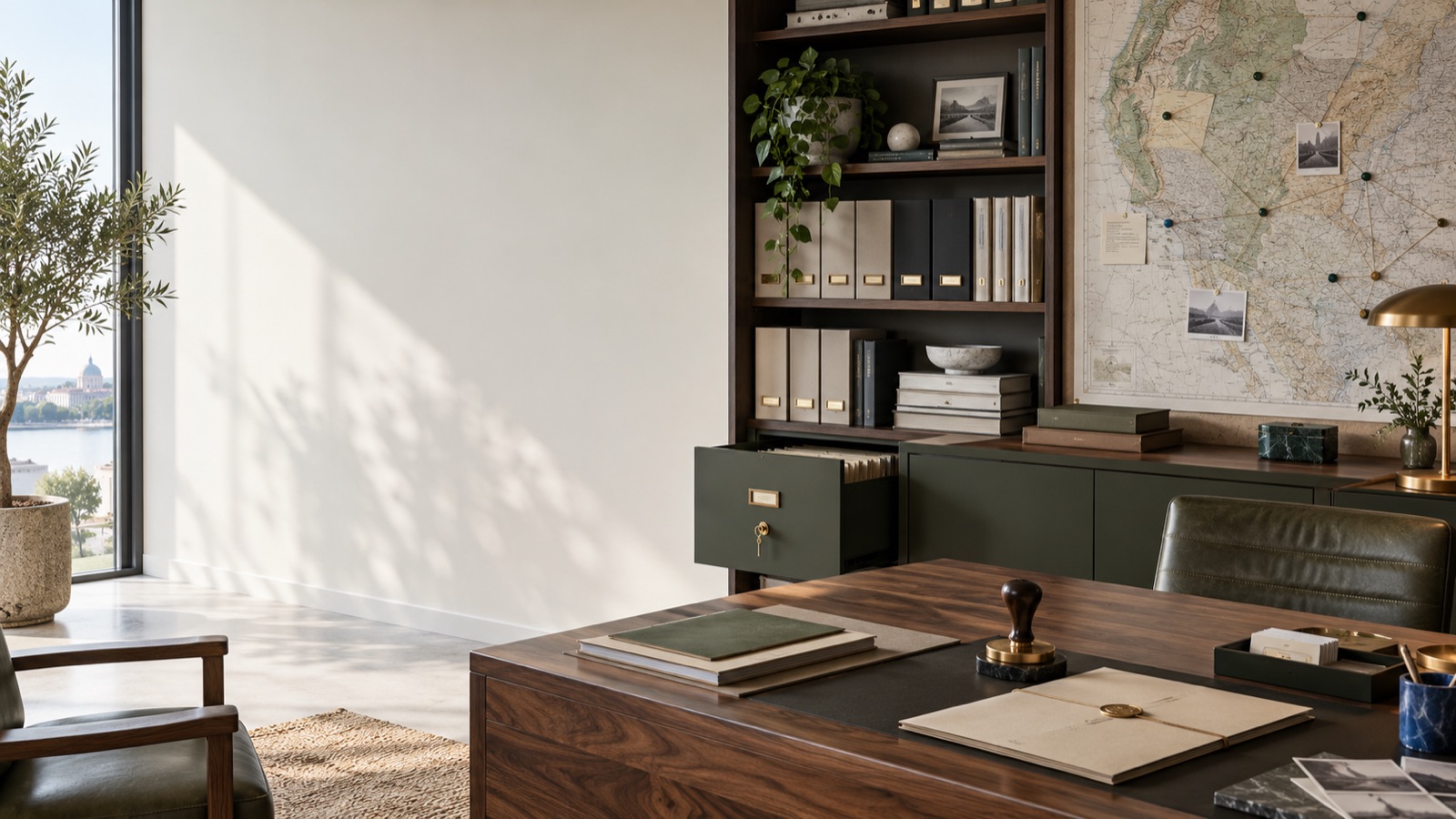 A calm office archive with a wall map of connected pins, a locked file drawer, a desk stamp and a wax-sealed folder
