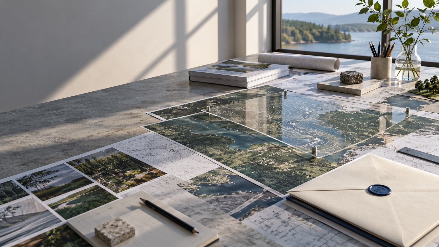 A stone research desk by a lakeside window, with aerial maps under a glass overlay, photographs, notes and a wax-sealed envelope